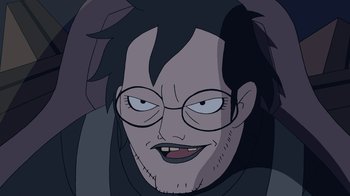 Movie still from “Superman: Doomsday” (2007), directed by Bruce Timm – An illustration of a man with glasses smiling; Extreme Close Up shot, High angle