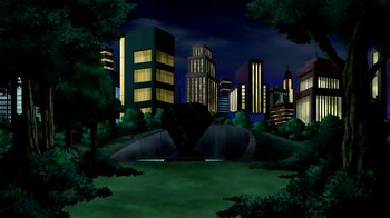 Movie still from “Superman: Doomsday” (2007), directed by Bruce Timm – An illustration of a park at night with a diamond in the center of it; Extreme Wide shot, High angle