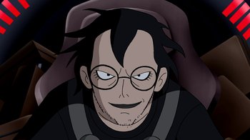 Movie still from “Superman: Doomsday” (2007), directed by Bruce Timm – An animated picture of a man wearing glasses; Close Up shot, High angle