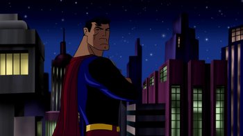 Movie still from “Superman: Doomsday” (2007), directed by Bruce Timm – A man standing in front of a city at night with his arms crossed; Medium shot, Low angle