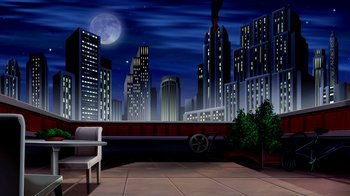 Movie still from “Superman: Doomsday” (2007), directed by Bruce Timm – An illustration of a city at night with the moon in the background; Extreme Wide shot, High angle