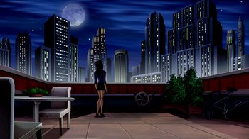 Movie still from “Superman: Doomsday” (2007), directed by Bruce Timm – A woman standing on a patio looking at a city at night; Extreme Wide shot, High angle