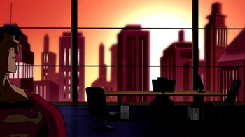 Movie still from “Superman: Doomsday” (2007), directed by Bruce Timm – An illustration of an office with a view of a city; Extreme Wide shot, Over the shoulder angle