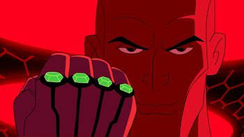 Movie still from “Superman: Doomsday” (2007), directed by Bruce Timm – A cartoon of a man with a ring on his finger; Extreme Close Up shot, Low angle