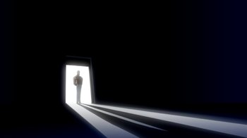 Movie still from “Superman: Doomsday” (2007), directed by Bruce Timm – A man standing in front of an open door; Extreme Wide shot, Low angle