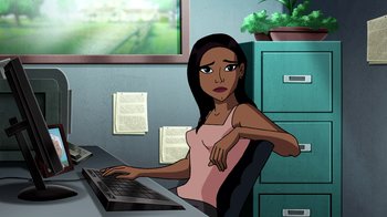 Movie still from “Superman: Doomsday” (2007), directed by Bruce Timm – An animated woman sitting in front of a computer keyboard; Medium shot, Over the shoulder angle