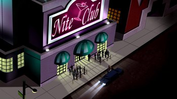 Movie still from “Superman: Doomsday” (2007), directed by Bruce Timm – An illustration of a night club with people standing on the sidewalk; Extreme Wide shot, High angle