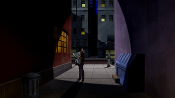 Movie still from “Superman: Doomsday” (2007), directed by Bruce Timm – A man standing on a sidewalk holding a newspaper; Extreme Wide shot, High angle