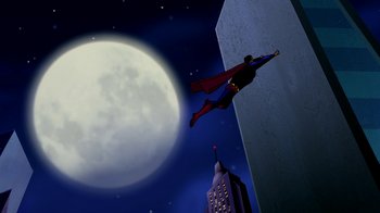Movie still from “Superman: Doomsday” (2007), directed by Bruce Timm – A man flying through the air over a building; Wide shot, Low angle