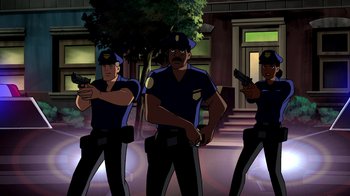 Movie still from “Superman: Doomsday” (2007), directed by Bruce Timm – A group of police officers standing next to each other holding guns; Wide shot, Low angle