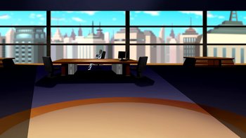 Movie still from “Superman: Doomsday” (2007), directed by Bruce Timm – An office with a large window and a city view; Extreme Wide shot, Low angle