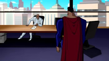 Movie still from “Superman: Doomsday” (2007), directed by Bruce Timm – A man dressed as superman is sitting at a table; Wide shot, Over the shoulder angle