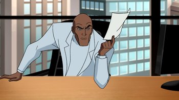 Movie still from “Superman: Doomsday” (2007), directed by Bruce Timm – An animated man sitting at a desk holding a piece of paper; Medium shot, Over the shoulder angle