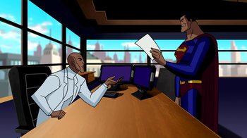 Movie still from “Superman: Doomsday” (2007), directed by Bruce Timm – A man and a man in a superman suit are sitting at a table; Medium shot, Over the shoulder angle