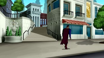 Movie still from “Superman: Doomsday” (2007), directed by Bruce Timm – A man riding a skate board down a street; Extreme Wide shot, Over the shoulder angle
