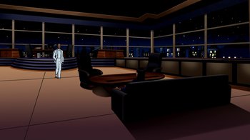 Movie still from “Superman: Doomsday” (2007), directed by Bruce Timm – An animated scene of a man in a suit in a living room; Extreme Wide shot, High angle