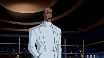Movie still from “Superman: Doomsday” (2007), directed by Bruce Timm – A man in a white suit standing in front of a window; Medium shot, Over the shoulder angle