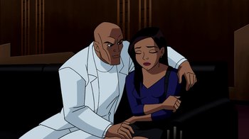 Movie still from “Superman: Doomsday” (2007), directed by Bruce Timm – A man and a woman sitting next to each other; Medium shot, Over the shoulder angle