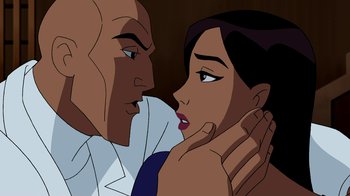 Movie still from “Superman: Doomsday” (2007), directed by Bruce Timm – A man and a woman face to face in front of each other; Close Up shot, Over the shoulder angle