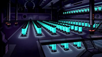 Movie still from “Superman: Doomsday” (2007), directed by Bruce Timm – A room filled with lots of cylindrical lights; Extreme Wide shot, High angle