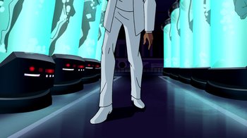 Movie still from “Superman: Doomsday” (2007), directed by Bruce Timm – A man in a white suit standing in front of a building; Medium shot, Low angle