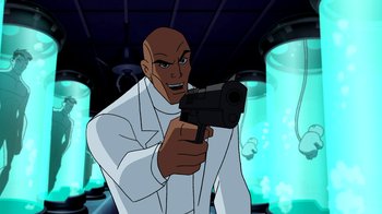 Movie still from “Superman: Doomsday” (2007), directed by Bruce Timm – An animated man holding a gun in his hand; Medium shot, Over the shoulder angle