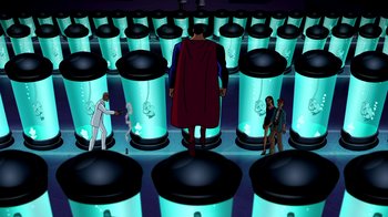Movie still from “Superman: Doomsday” (2007), directed by Bruce Timm – A group of people standing in a room with lights; Extreme Wide shot, High angle