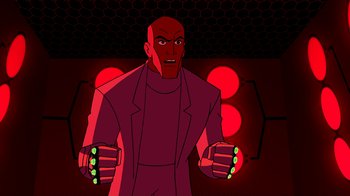 Movie still from “Superman: Doomsday” (2007), directed by Bruce Timm – An animated man in a red suit is holding his hands out; Medium shot, Low angle