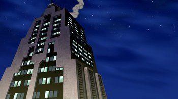Movie still from “Superman: Doomsday” (2007), directed by Bruce Timm – A tall building lit up at night under a cloudy sky; Extreme Wide shot, Low angle