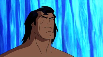 Movie still from “Superman: Doomsday” (2007), directed by Bruce Timm – A man with long black hair is crying; Close Up shot, Low angle