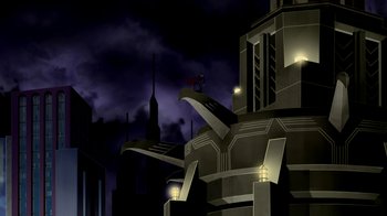 Movie still from “Superman: Doomsday” (2007), directed by Bruce Timm – An image of an animated scene of a city at night; Extreme Wide shot, Low angle