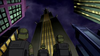 Movie still from “Superman: Doomsday” (2007), directed by Bruce Timm – A group of people standing on top of a tall building; Extreme Wide shot, Low angle