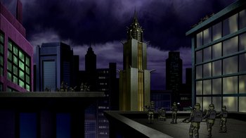 Movie still from “Superman: Doomsday” (2007), directed by Bruce Timm – An image of an animated city scene with a dark sky in the background; Extreme Wide shot, Low angle