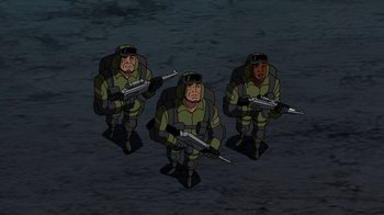 Movie still from “Superman: Doomsday” (2007), directed by Bruce Timm – A group of men standing next to each other holding guns; Wide shot, High angle