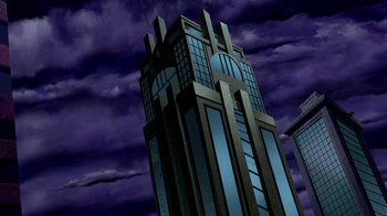 Movie still from “Superman: Doomsday” (2007), directed by Bruce Timm – A cartoon of a tall building in the dark; Extreme Wide shot, Low angle
