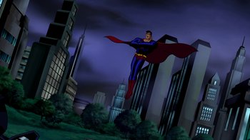 Movie still from “Superman: Doomsday” (2007), directed by Bruce Timm – A man flying through the air over a city; Extreme Wide shot, Low angle