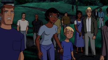 Movie still from “Superman: Doomsday” (2007), directed by Bruce Timm – A group of people standing in the grass; Medium shot, High angle