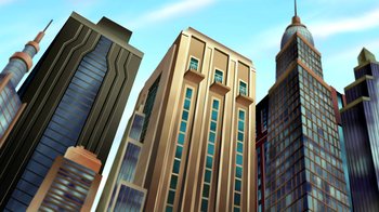 Movie still from “Superman: Doomsday” (2007), directed by Bruce Timm – An illustration of a tall building in the middle of a city; Extreme Wide shot, Low angle