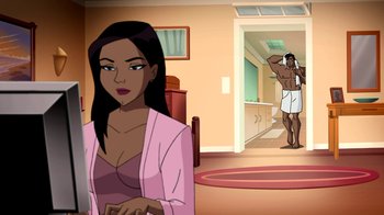 Movie still from “Superman: Doomsday” (2007), directed by Bruce Timm – An animated scene of a woman and a man in a room; Medium shot, Over the shoulder angle