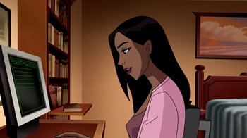 Movie still from “Superman: Doomsday” (2007), directed by Bruce Timm – A woman sitting in front of a book shelf in a library; Medium shot, Over the shoulder angle