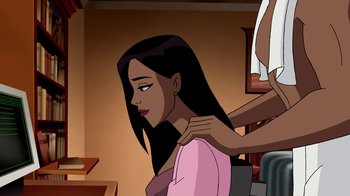 Movie still from “Superman: Doomsday” (2007), directed by Bruce Timm – A woman with long black hair getting her hair combed by another woman; Medium shot, Over the shoulder angle
