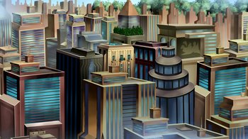 Movie still from “Superman: Doomsday” (2007), directed by Bruce Timm – An illustration of a city with many buildings and trees; Extreme Wide shot, High angle