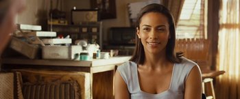 Movie still from “Swing Vote” (2008), directed by Joshua Michael Stern – A beautiful woman sitting in front of a counter; Close Up shot, Over the shoulder angle