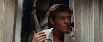 Movie still from “Swiss Family Robinson” (1960), directed by Ken Annakin – A person holding a wooden stick; Close Up shot, Low angle
