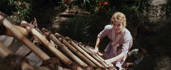 Movie still from “Swiss Family Robinson” (1960), directed by Ken Annakin – A woman is leaning over a pile of wood; Medium shot, Low angle