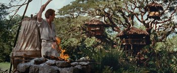 Movie still from “Swiss Family Robinson” (1960), directed by Ken Annakin – A man standing next to a fire in a forest; Wide shot, Low angle