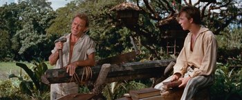 Movie still from “Swiss Family Robinson” (1960), directed by Ken Annakin – A man standing next to a pile of wood; Medium shot, Low angle