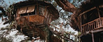 Movie still from “Swiss Family Robinson” (1960), directed by Ken Annakin – A person standing on a platform in front of a tree house; Extreme Wide shot, Low angle