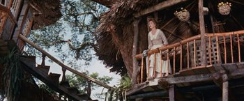 Movie still from “Swiss Family Robinson” (1960), directed by Ken Annakin – A woman standing on a porch of a tree house; Wide shot, Low angle