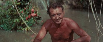 Movie still from “Swiss Family Robinson” (1960), directed by Ken Annakin – A shirtless man in the water with flowers in the background; Close Up shot, Over the shoulder angle